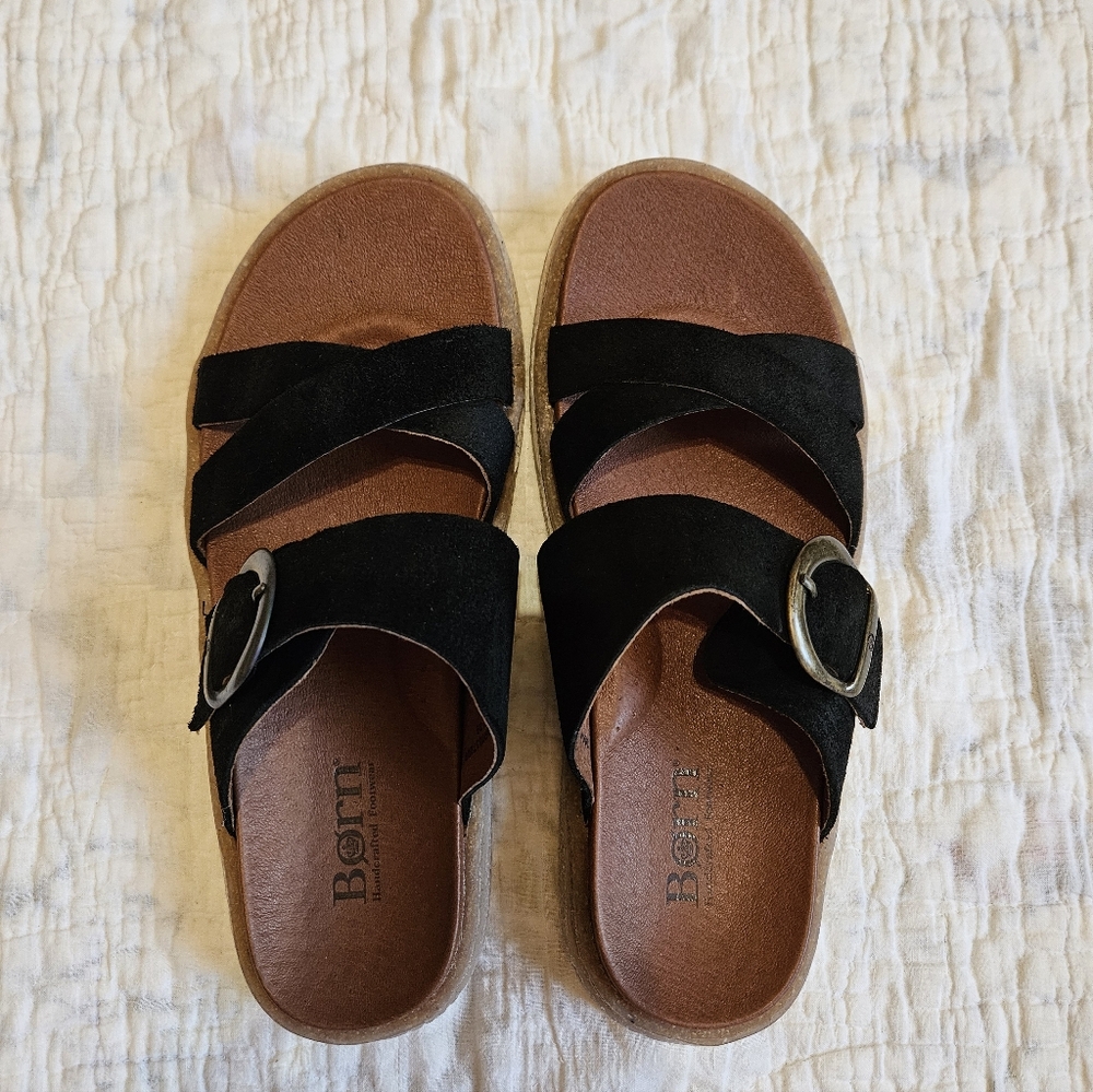 Born Caite Black Slide Sandals with Buckle NIB